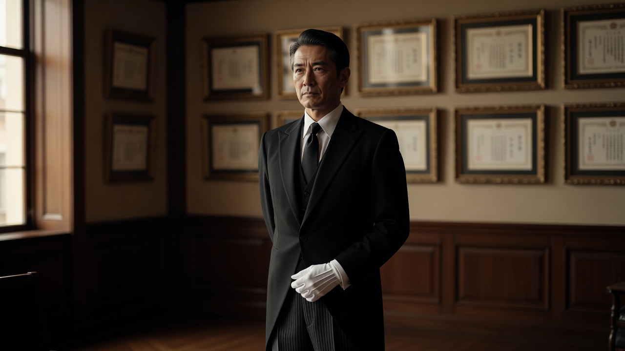 The third-generation chairman standing in an association room lined with framed certificates