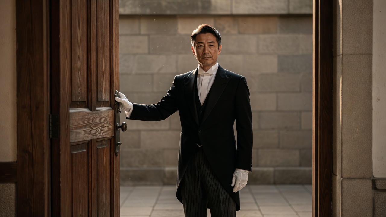 The butler opening the academy doors to welcome you