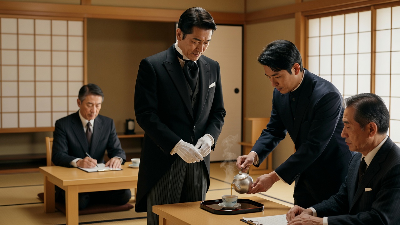 実技審査で茶を供する受験者と、それを見守る審査員