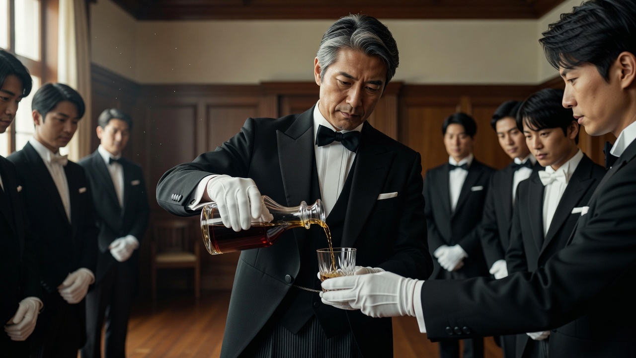 A butler instructor demonstrating how to pour from a decanter to trainees