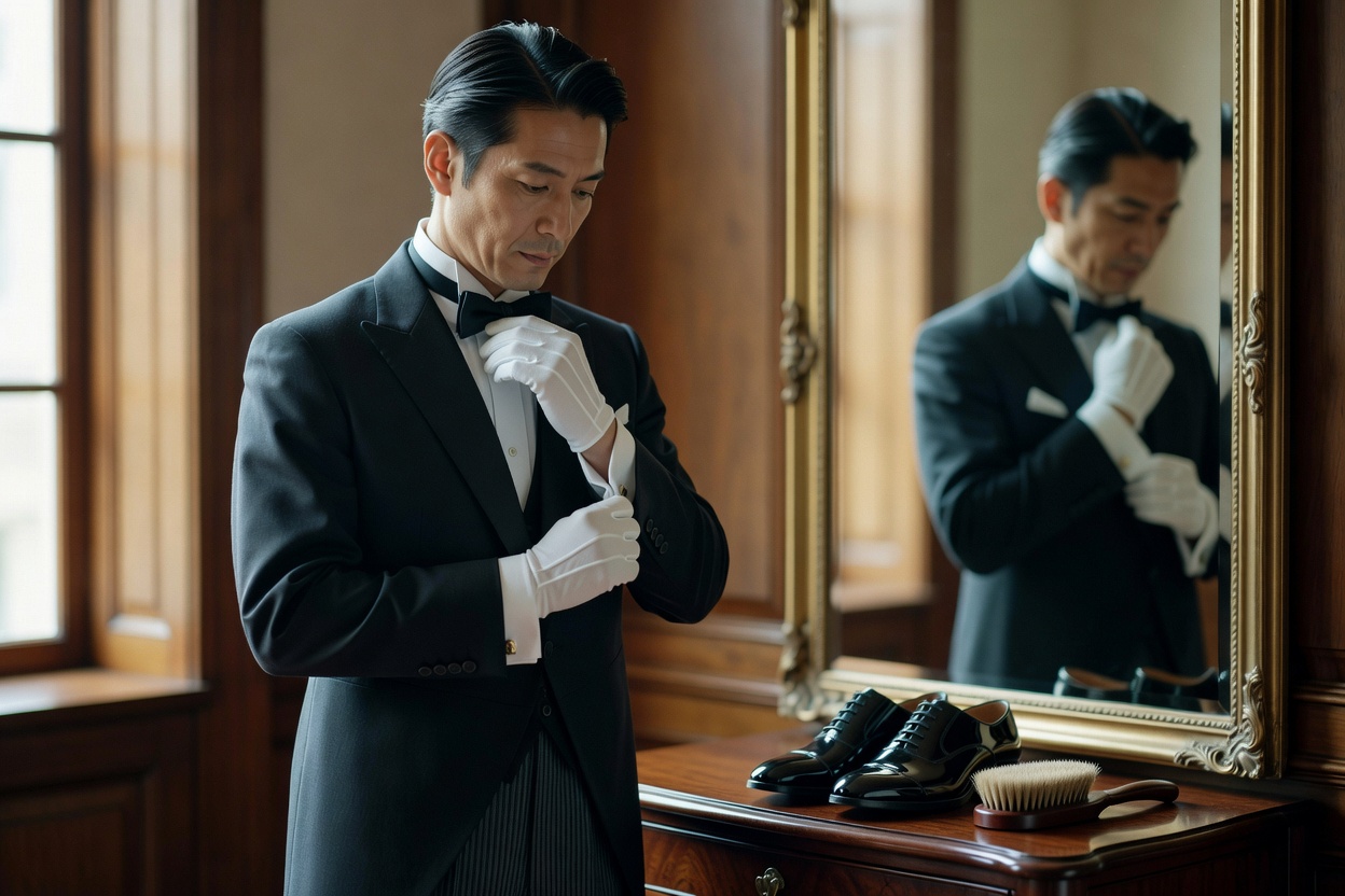 鏡の前で袖口と蝶タイを整える執事