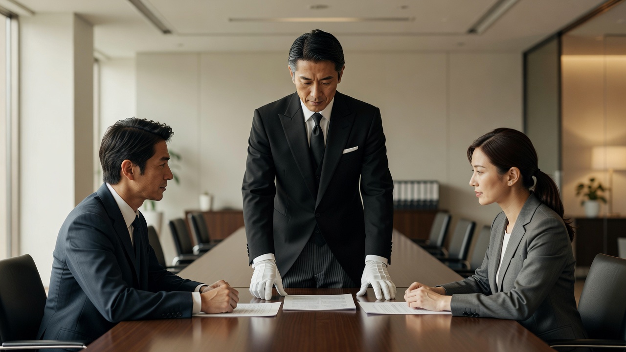 会議机で書類を示しながら説明する執事と参加者