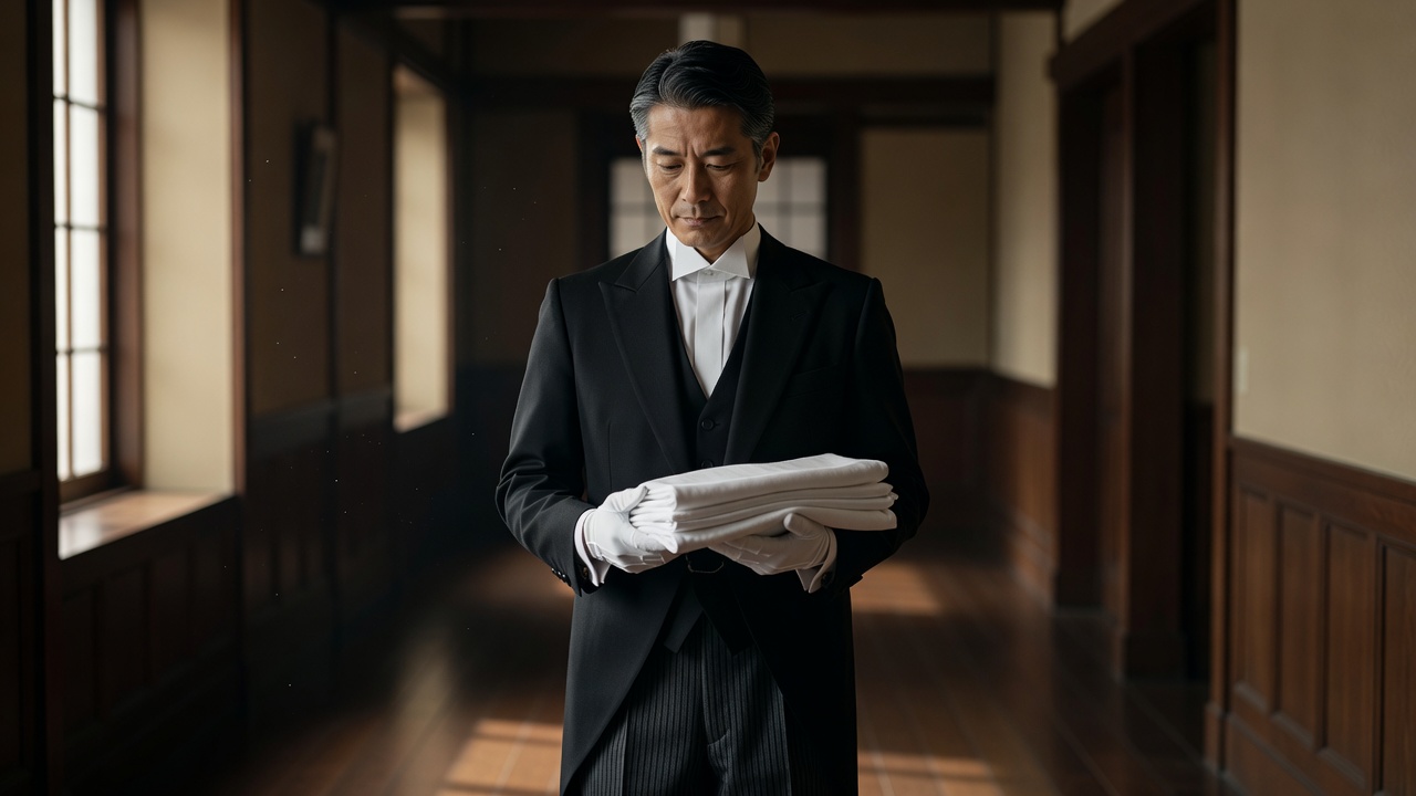 The butler carrying folded linen down the morning corridor