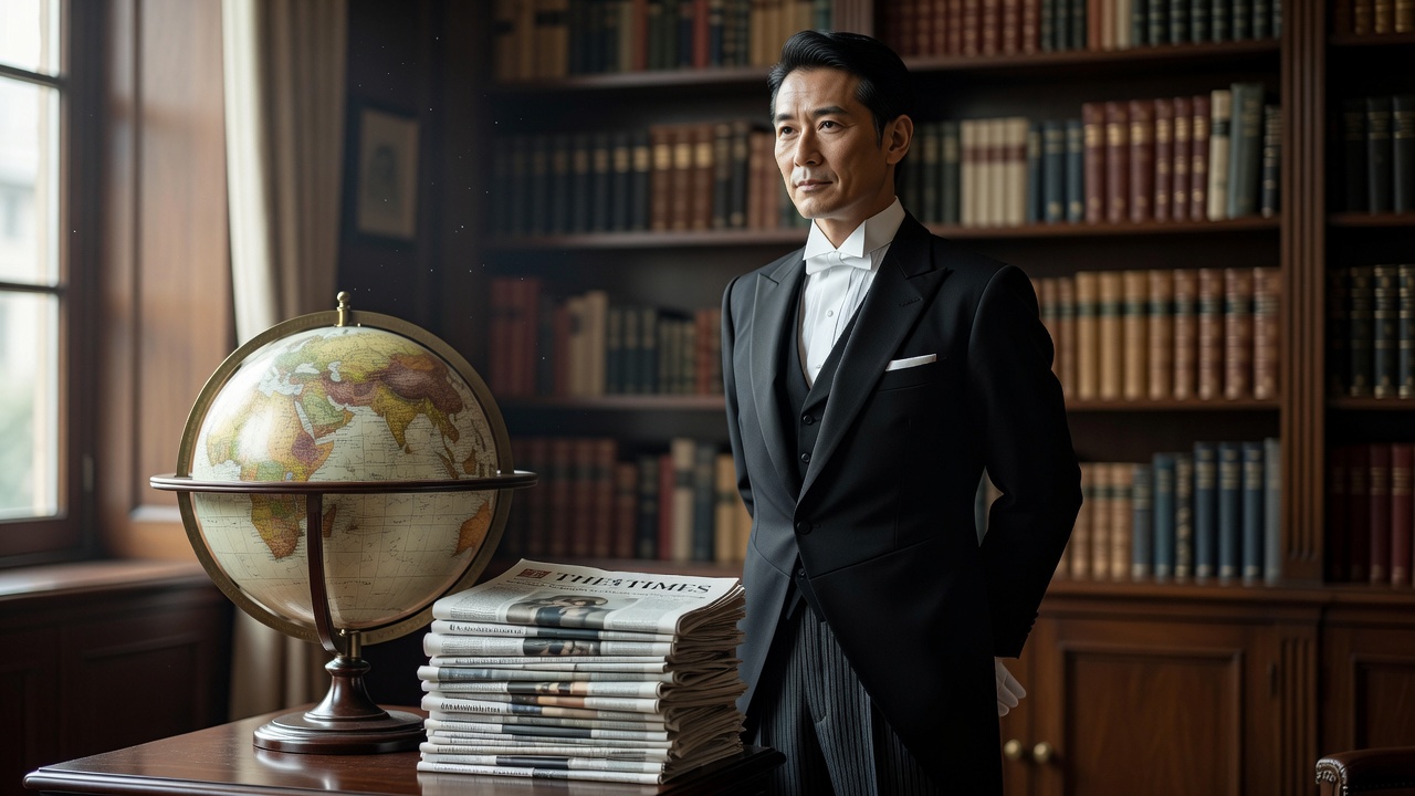 地球儀と書架の前に立つ執事