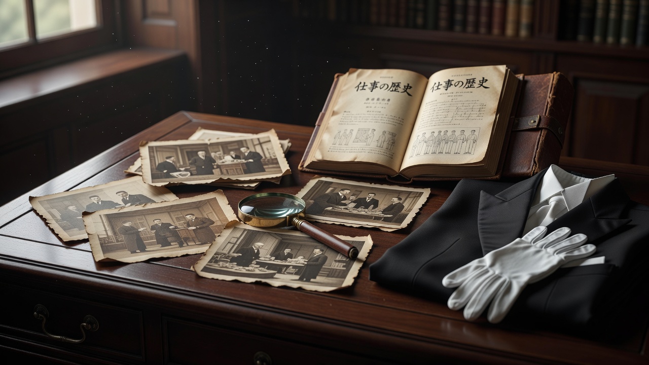 古い写真と書物を広げた机と白手袋