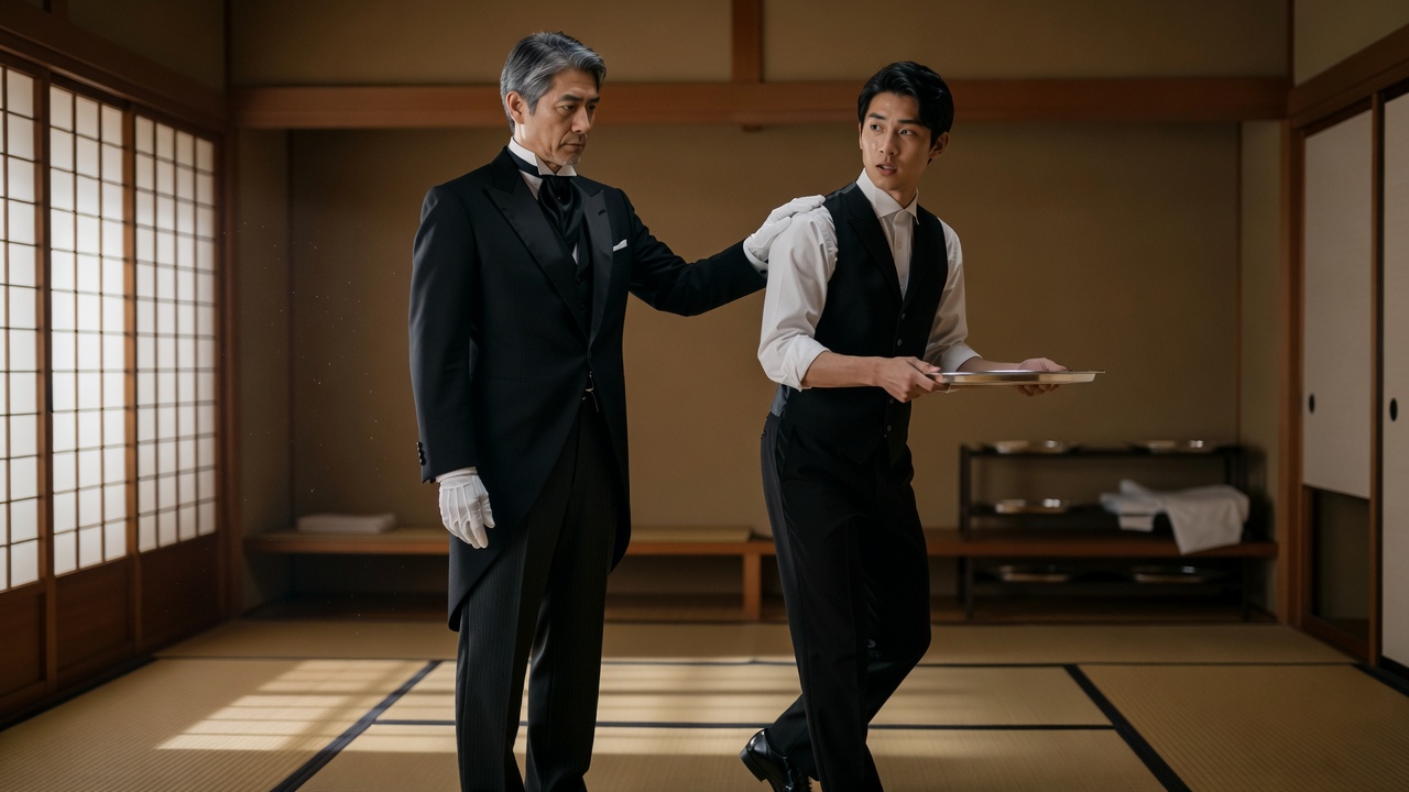 訓練生にトレイの持ち方を示して指導する執事