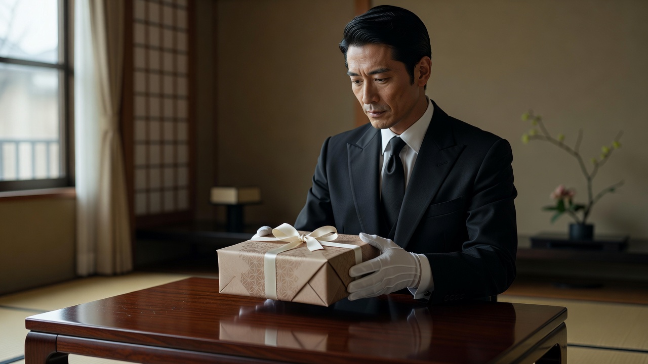包装された贈り物を両手で差し出す執事
