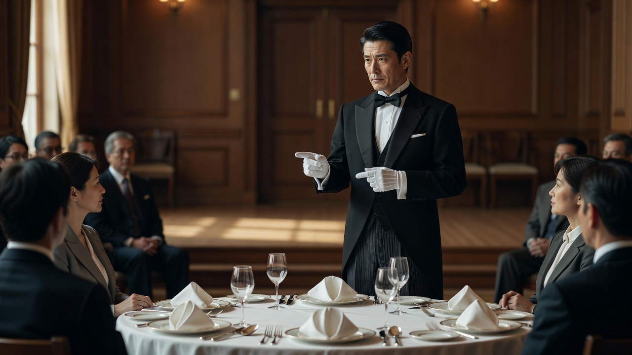 聴衆の前でテーブルセッティングを実演しながら講義する執事