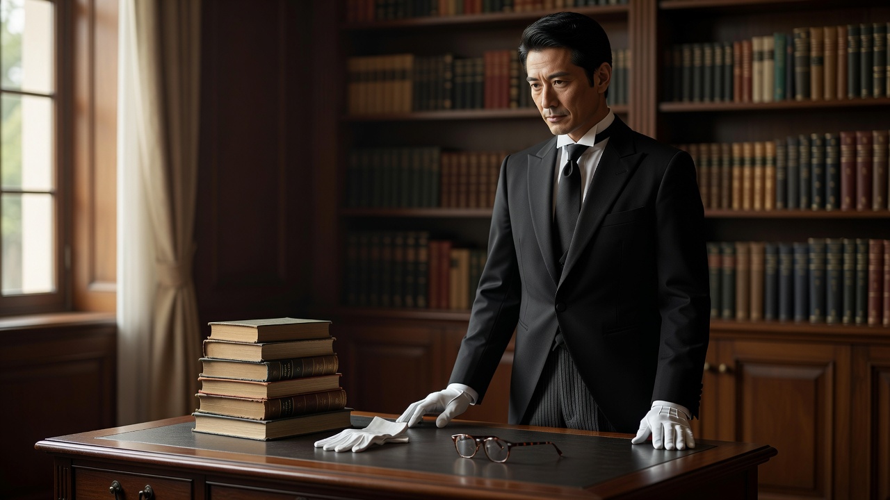 Stacked books with white gloves and spectacles on a desk