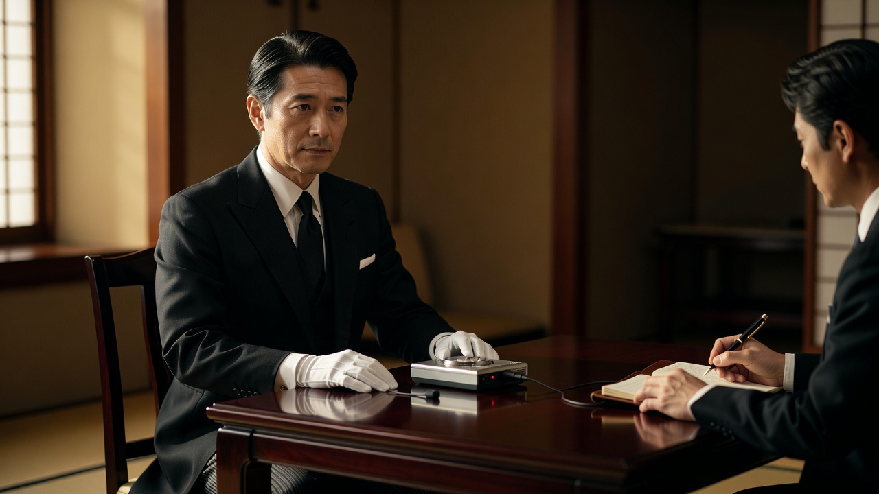 机を挟んで取材を受ける執事と記者