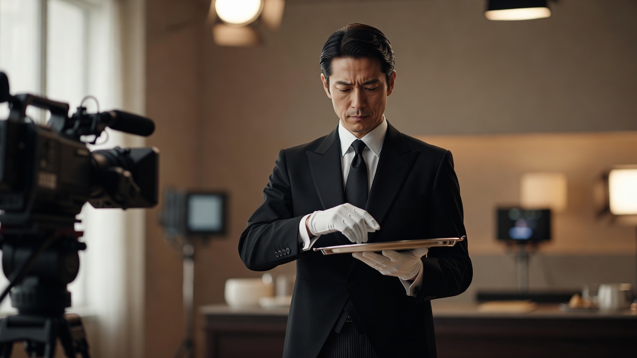カメラの前でトレイを手に所作を実演する執事