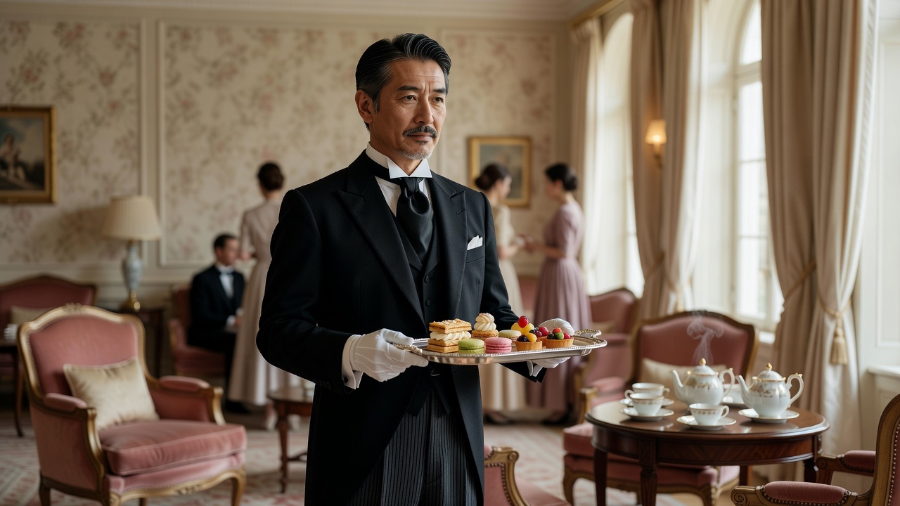 婦人向けのサロンで菓子の皿を供する執事