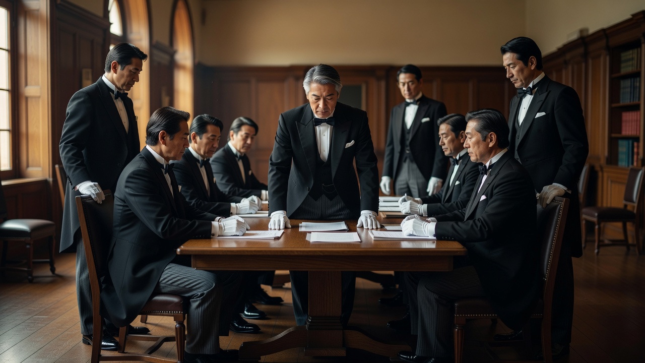 Butlers examining documents at a conference table