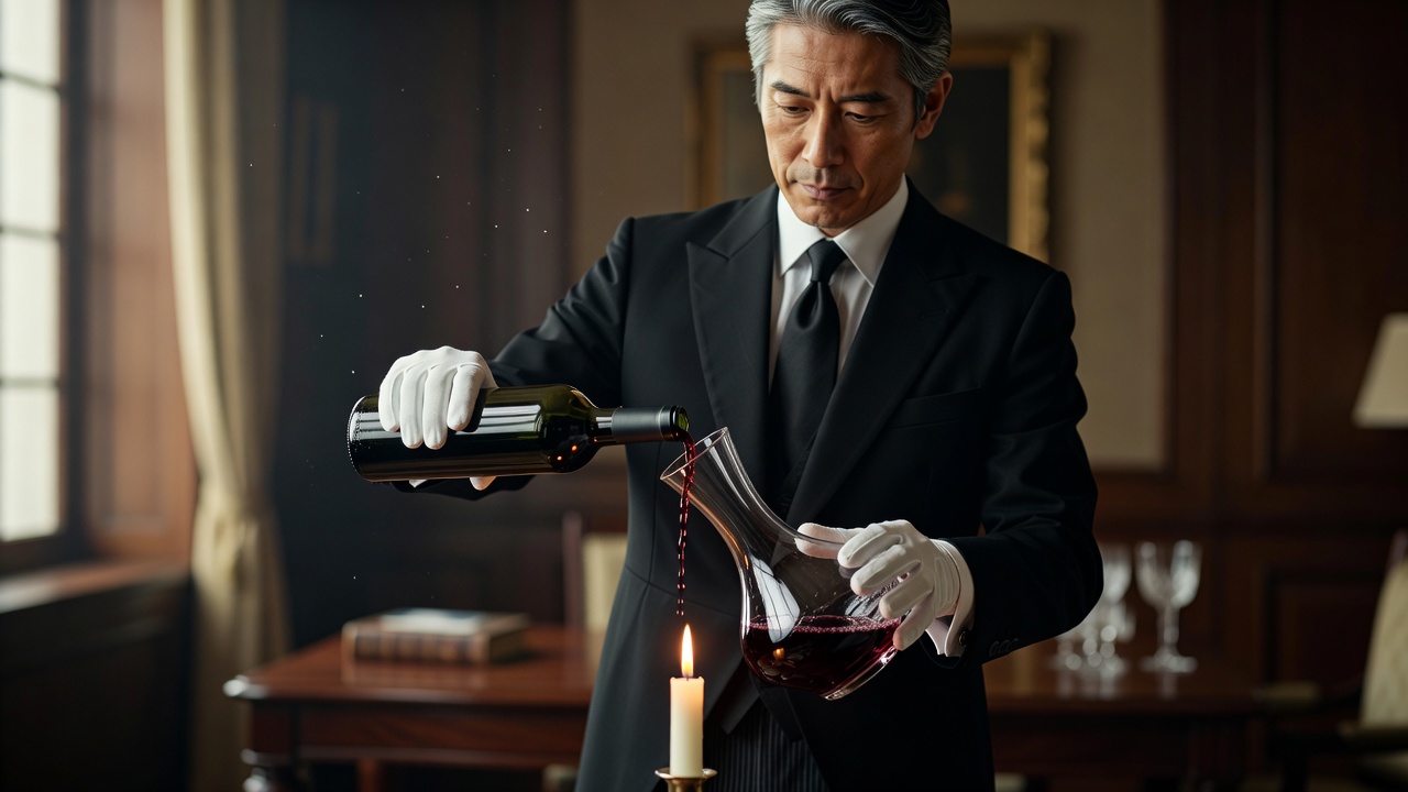 燭台の灯りの下でワインをデカンタへ移す執事