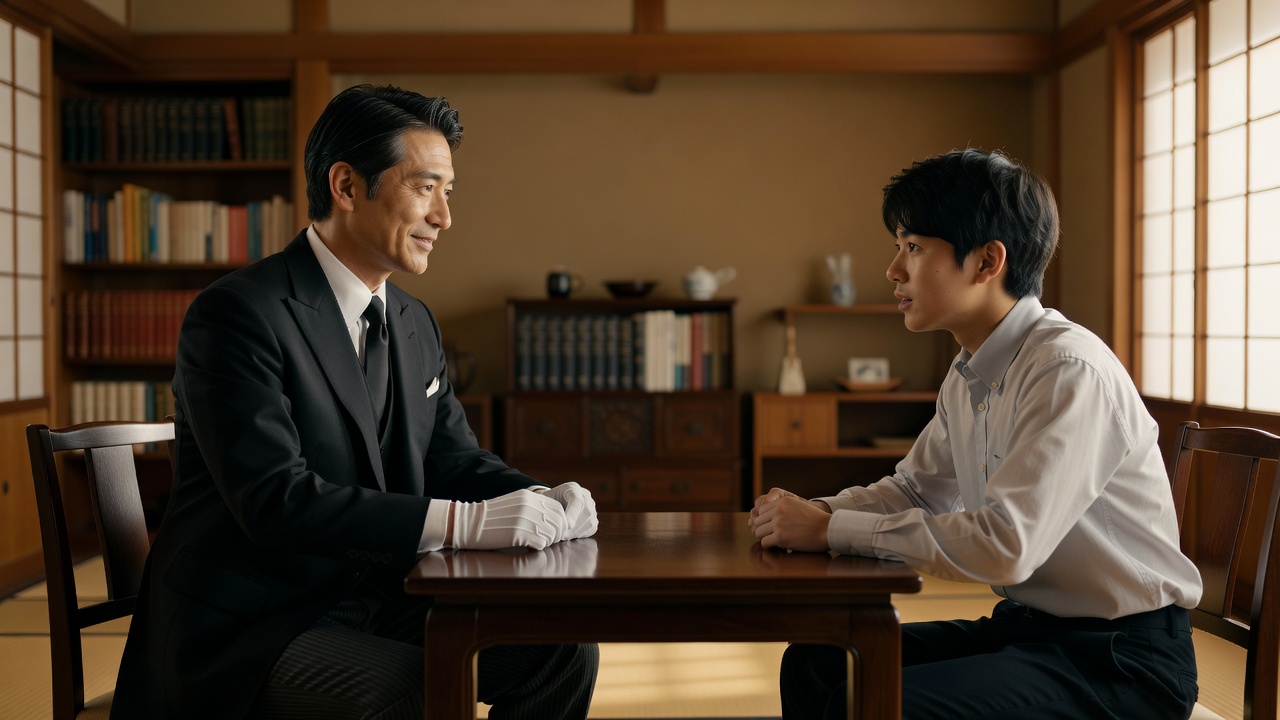 A butler seated at a desk, advising a prospective student