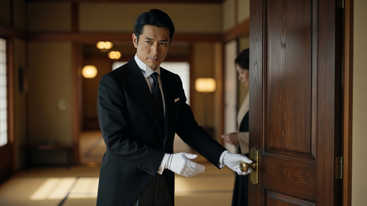 A butler instructor demonstrating how to open a door and admit a guest