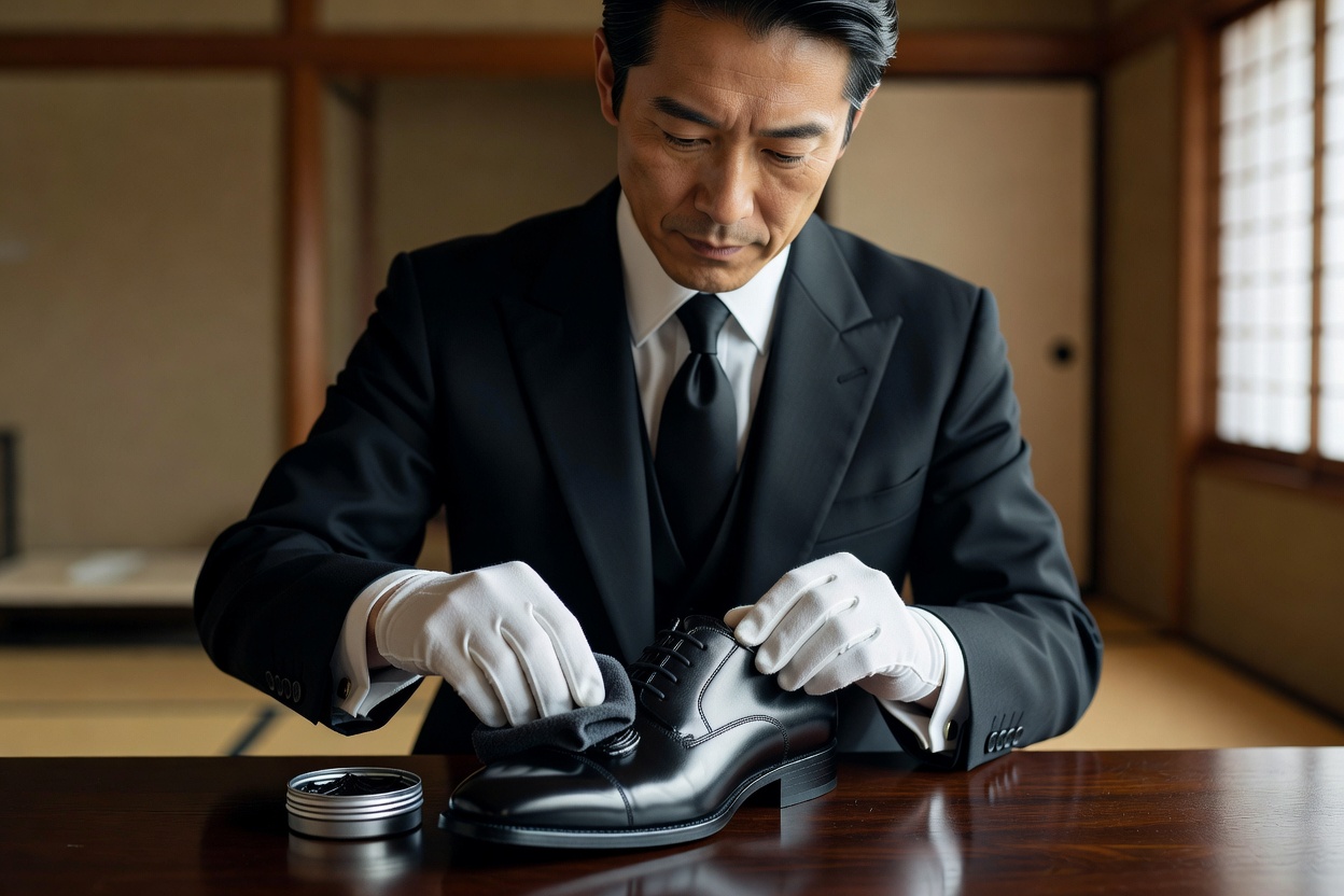 布とクリームで革靴を磨く執事の手元