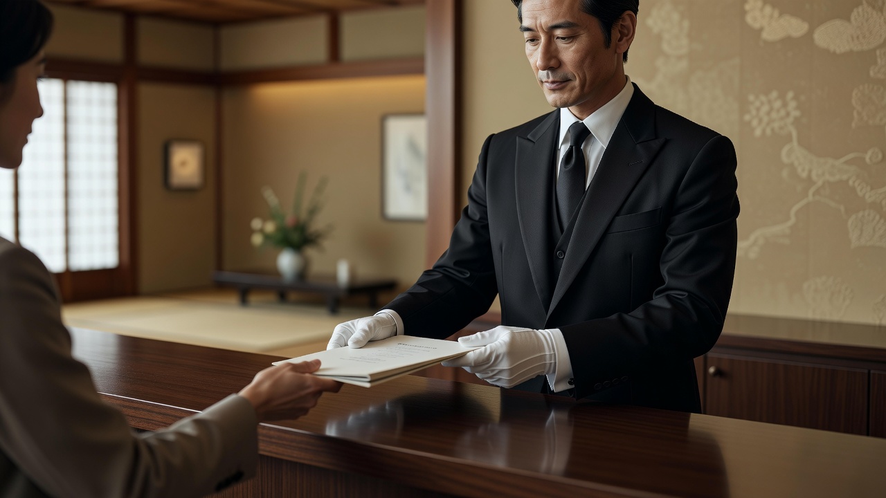 受付で来訪者に資料を手渡す執事