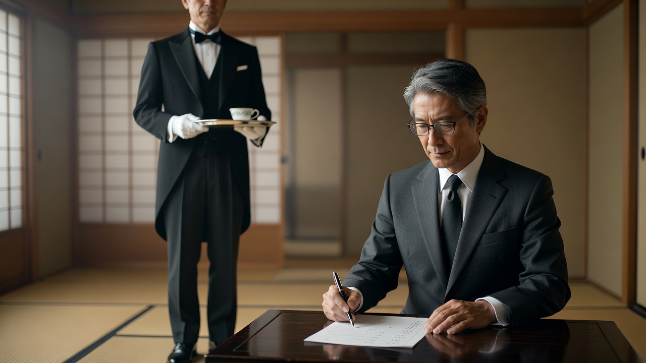 審査票に記入する審査員と、傍らに立つ受験者