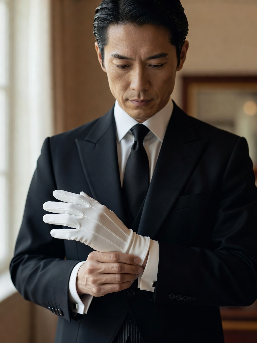 給仕前に白手袋を整える執事