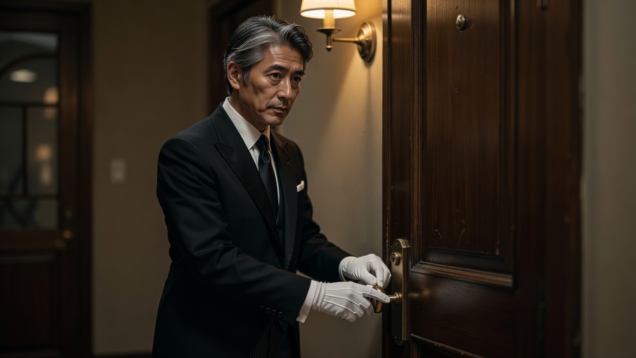 The butler checking the door locks at night