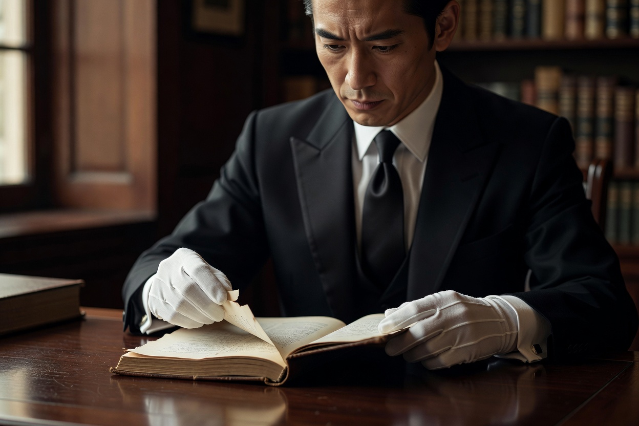 古い作法書のページをめくる白手袋の手元