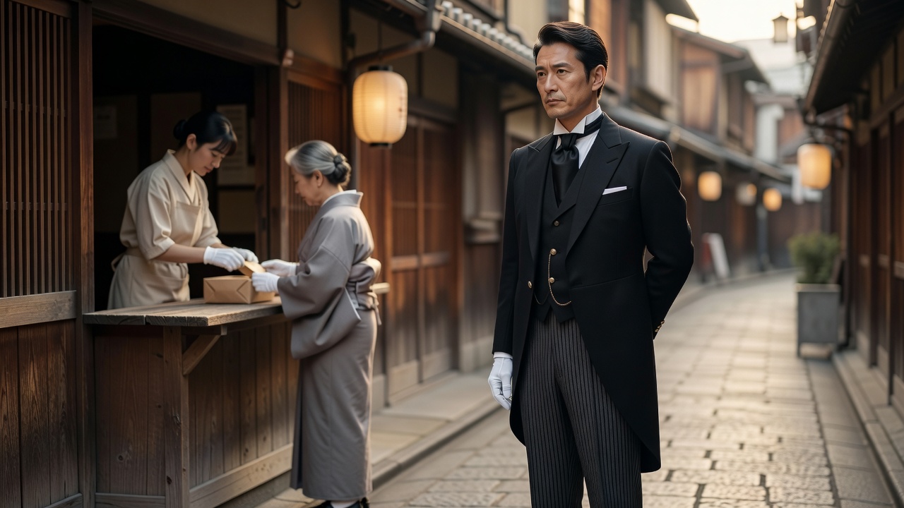 店先の応対を少し離れて見ている執事