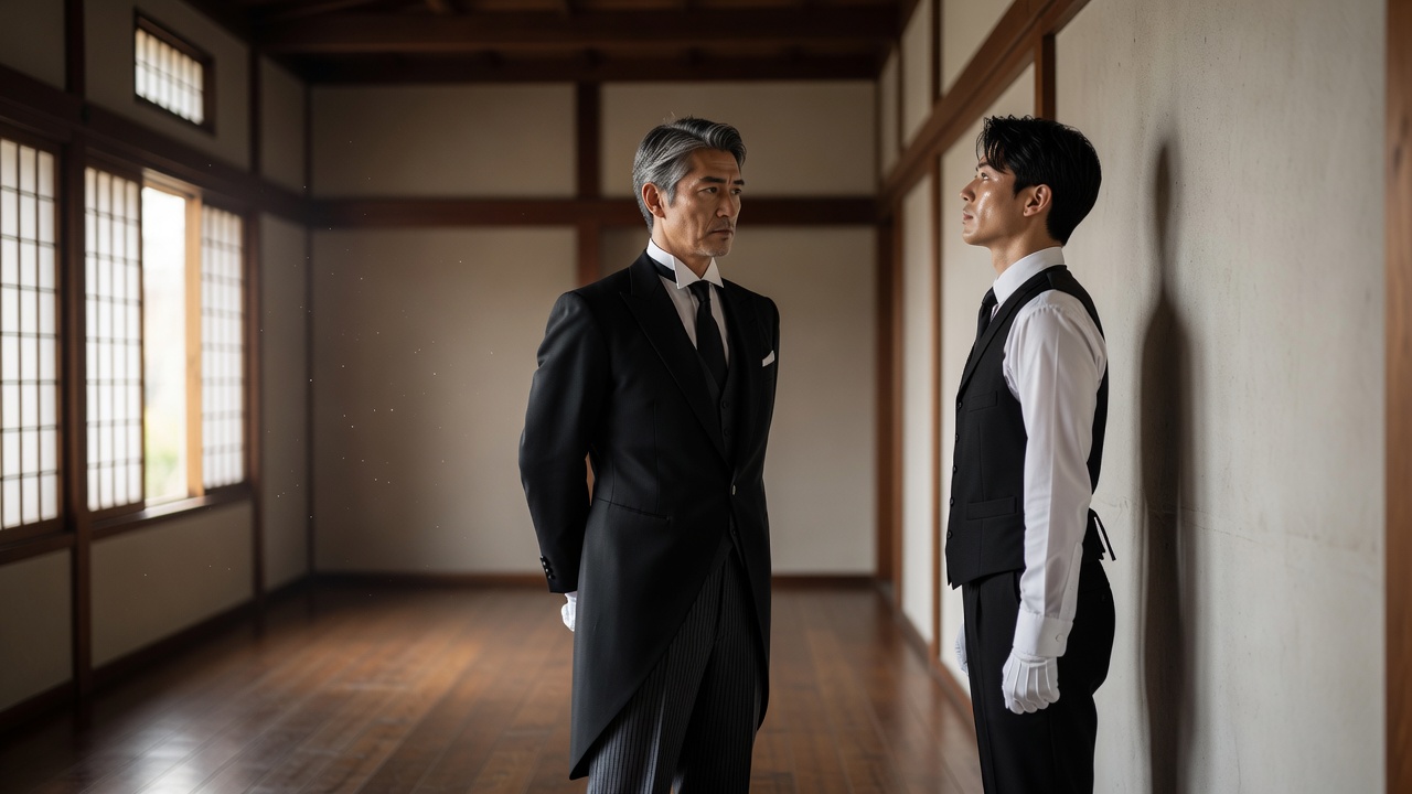 訓練生と向かい合って指導する執事