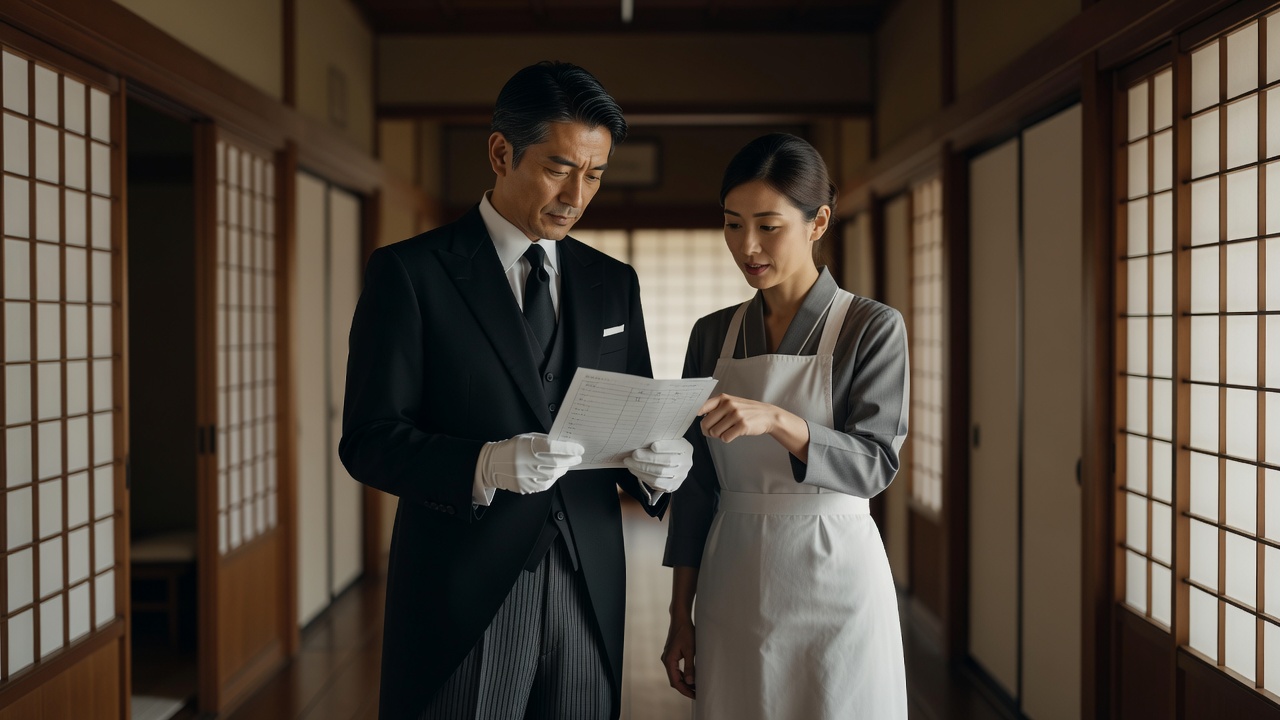 廊下で家政婦と予定表を確認する執事