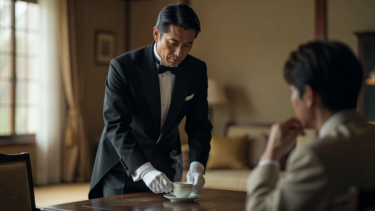 会話中の客の傍らに静かに茶を置く執事