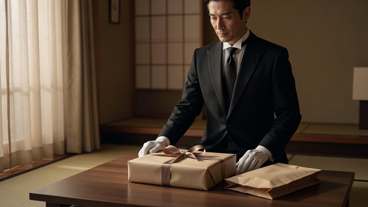包装した贈り物を机に置く執事