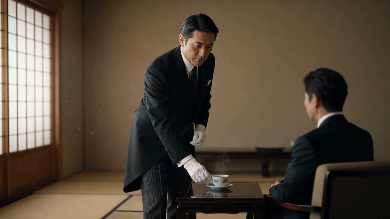 A butler placing a cup of tea to the right of a seated guest