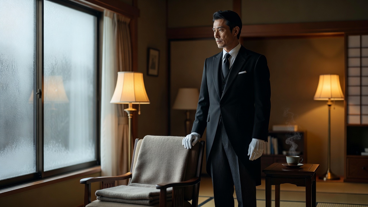 A butler beside a winter setting with a lamp and a folded blanket
