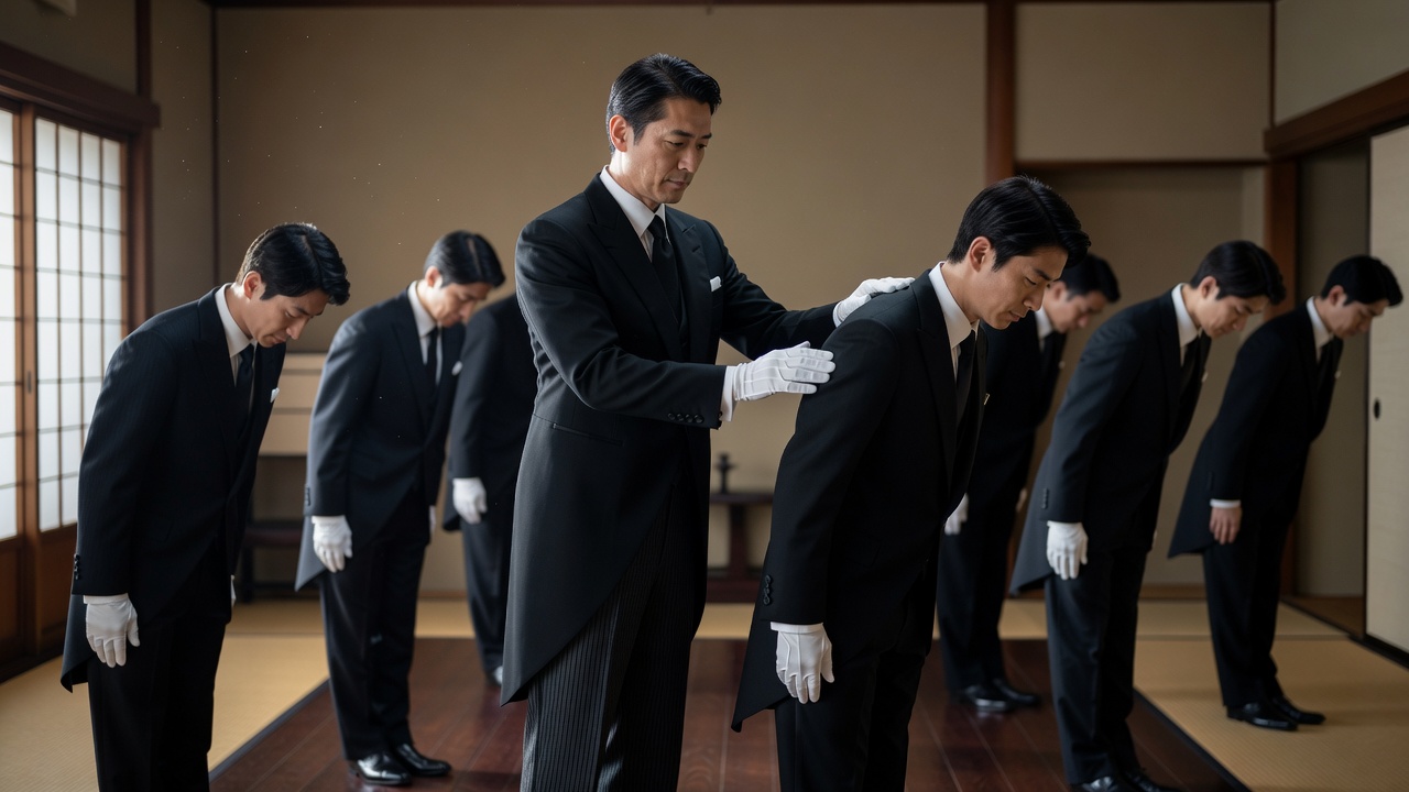 研修でお辞儀の所作を練習する参加者たち