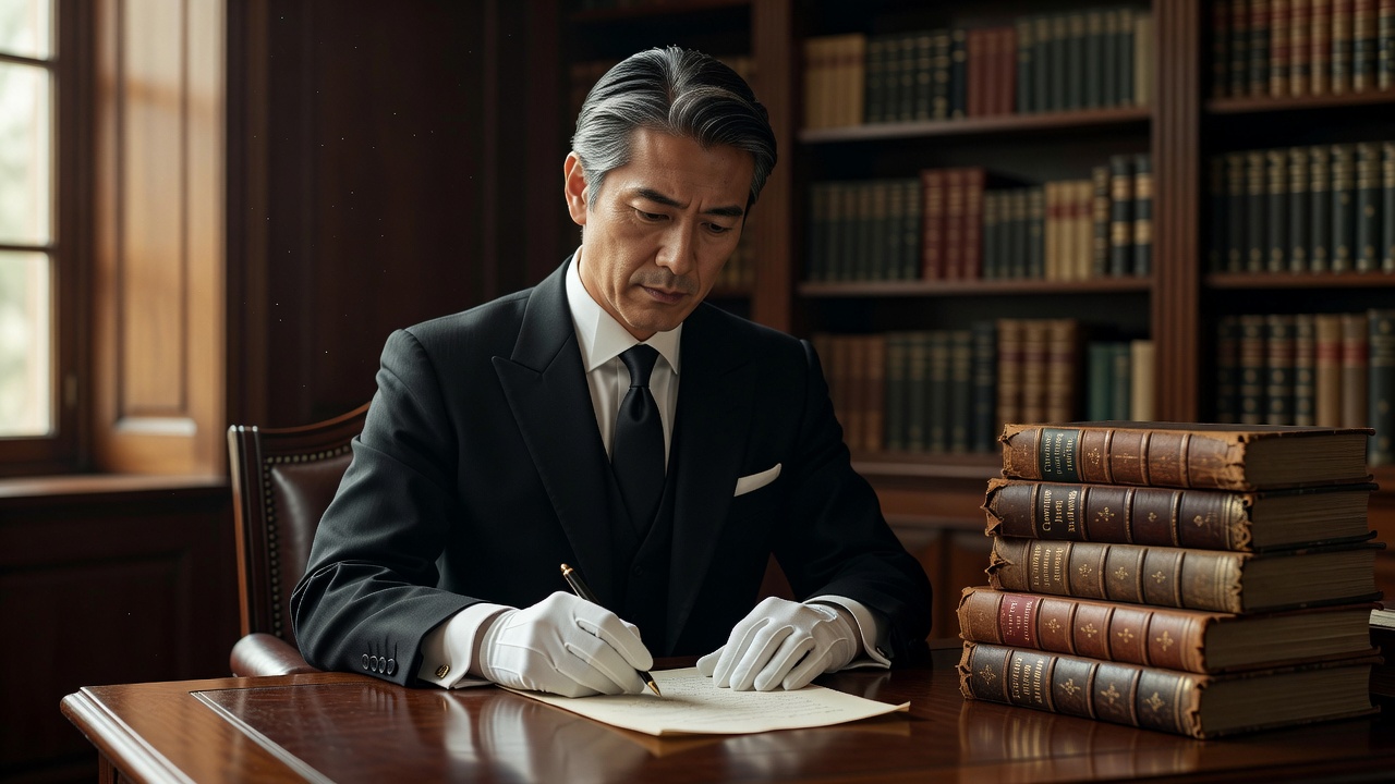 A butler writing at a desk piled with books