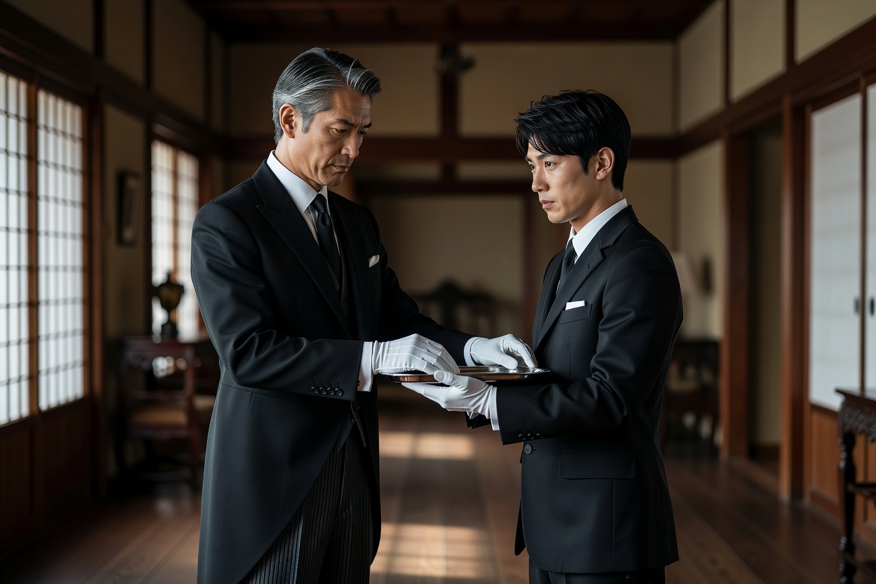 新人にトレイの持ち方を教える上級の執事