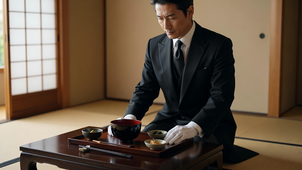 和室で漆の椀と箸を膳に整える執事