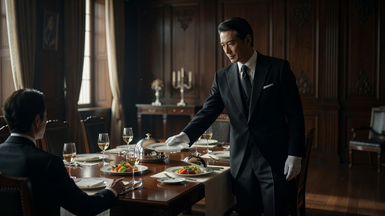 The butler serving a plate from the guest's right side at a Western meal