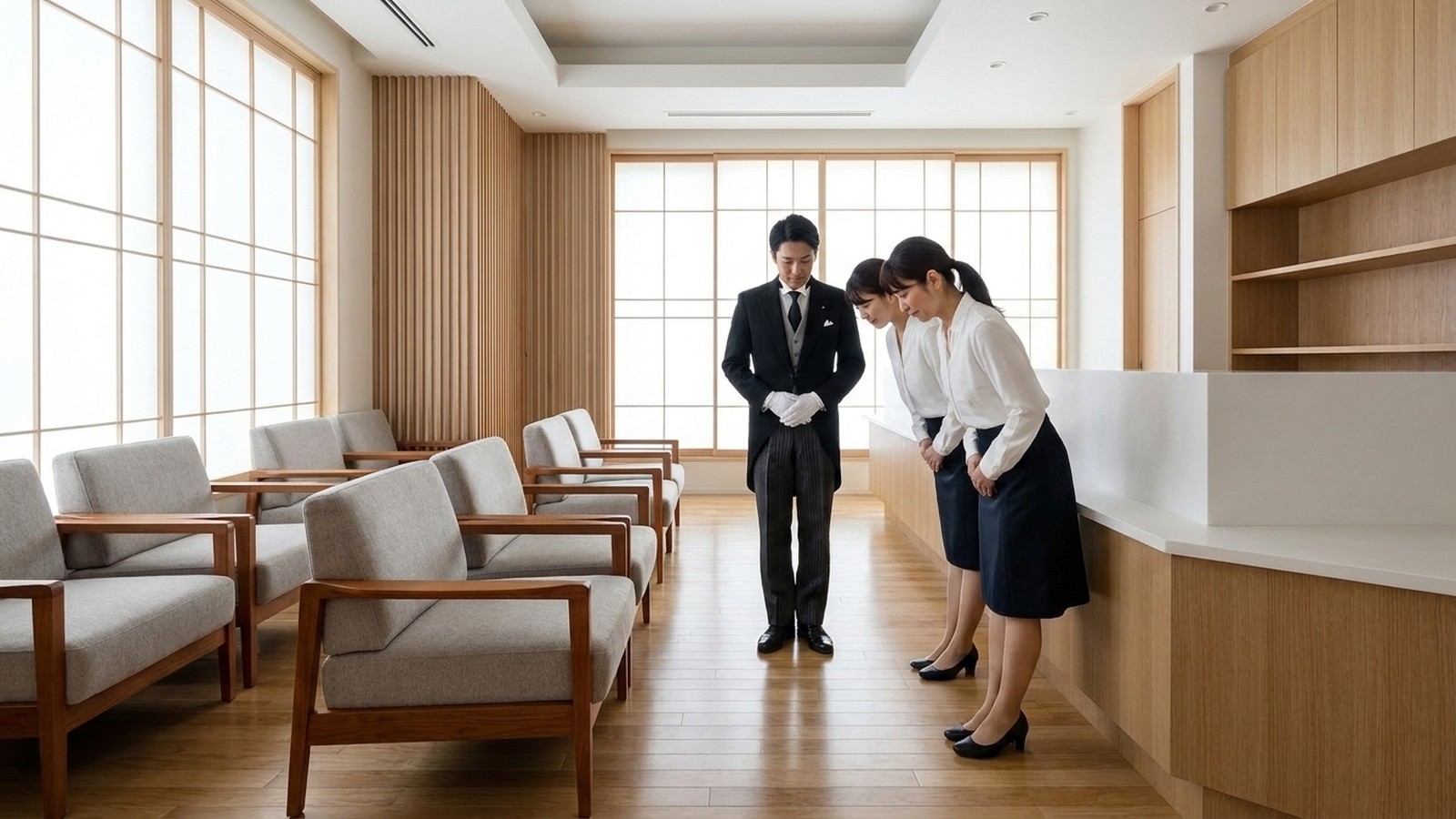 講師の前で受講生が礼の型を合わせる授業