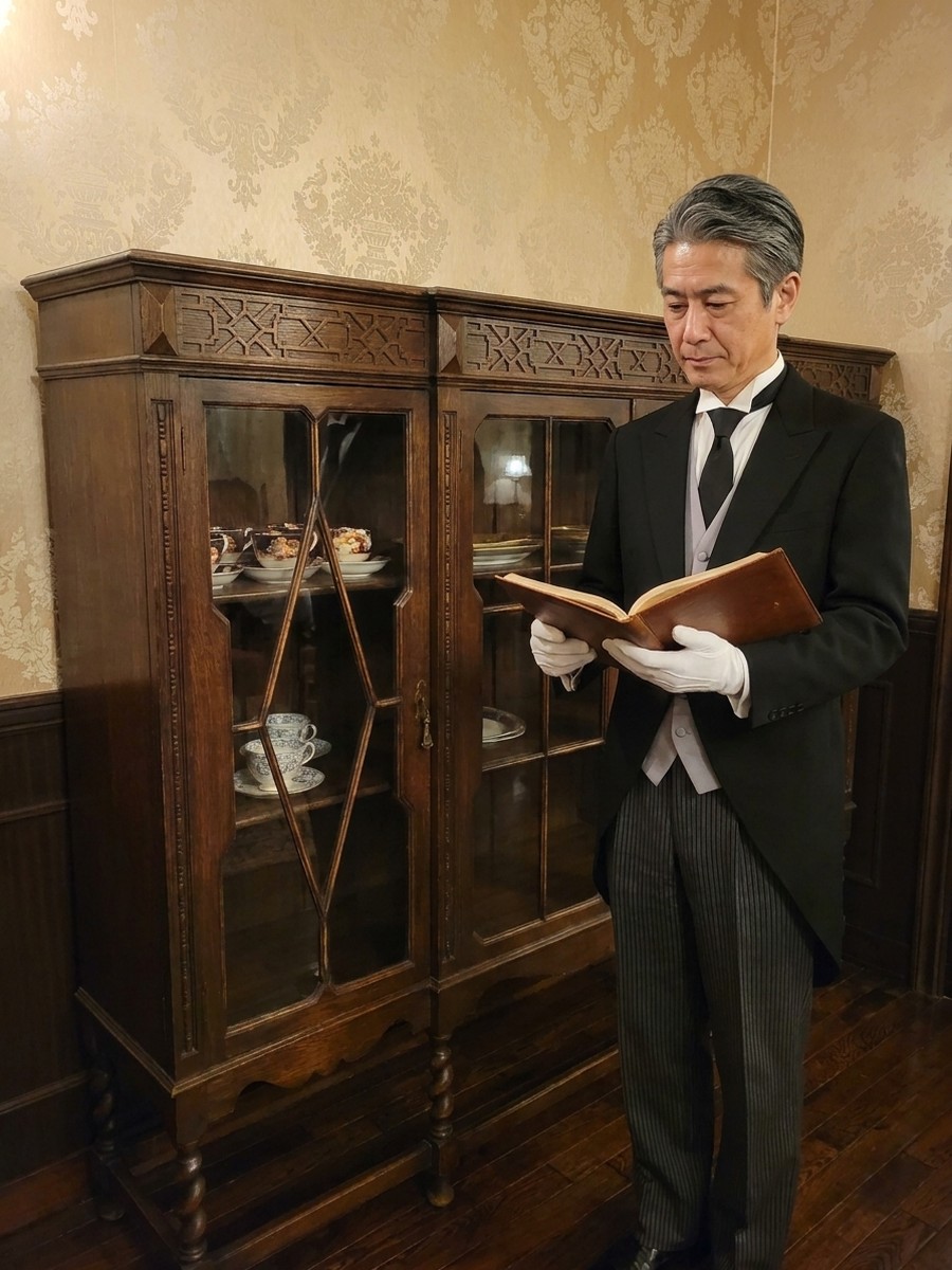 書斎で帳面を確かめるマスター認定の執事