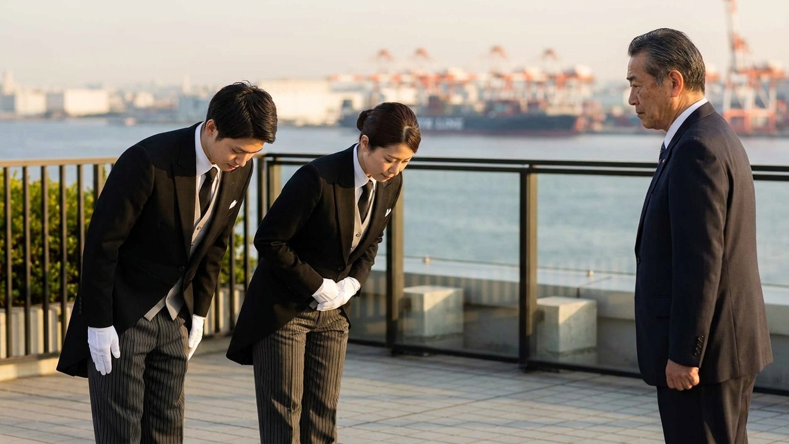 屋外で礼の実習をする受講生と講師