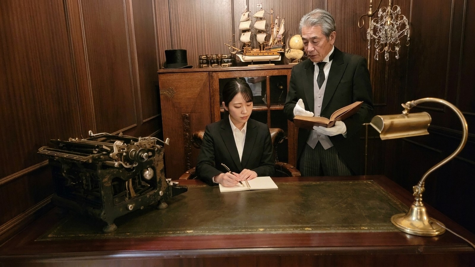 本校のカリキュラムを紹介する、書斎で講師に学ぶ受講生