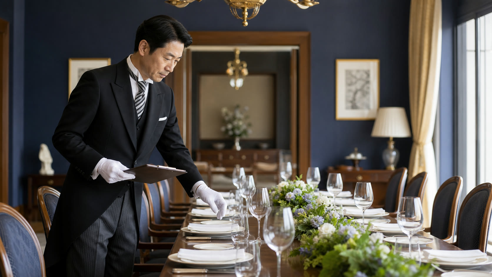長い食卓の脇で手元を確かめる執事