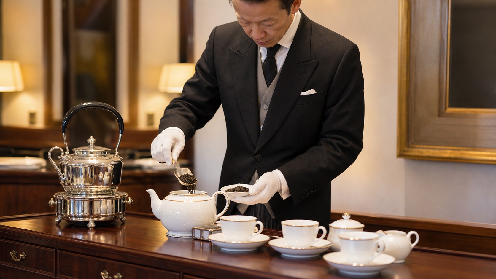 銀の器から茶を注ぐ支度を整える執事