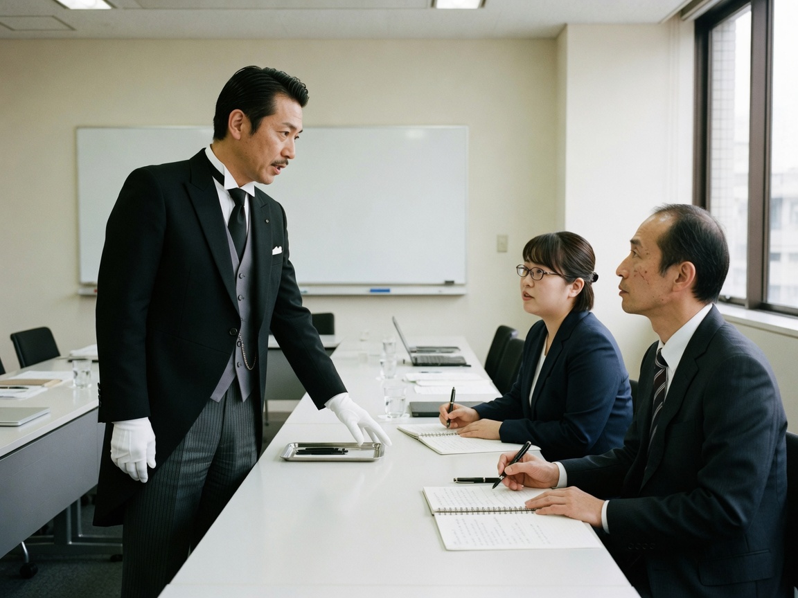 会議卓で受講者に手順を示す協会の執事