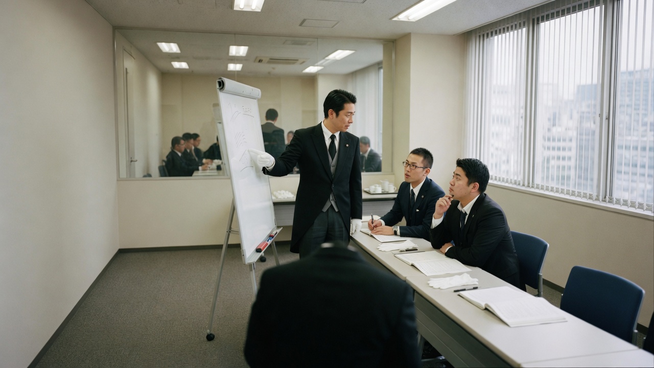ボードの前で研修を進める執事