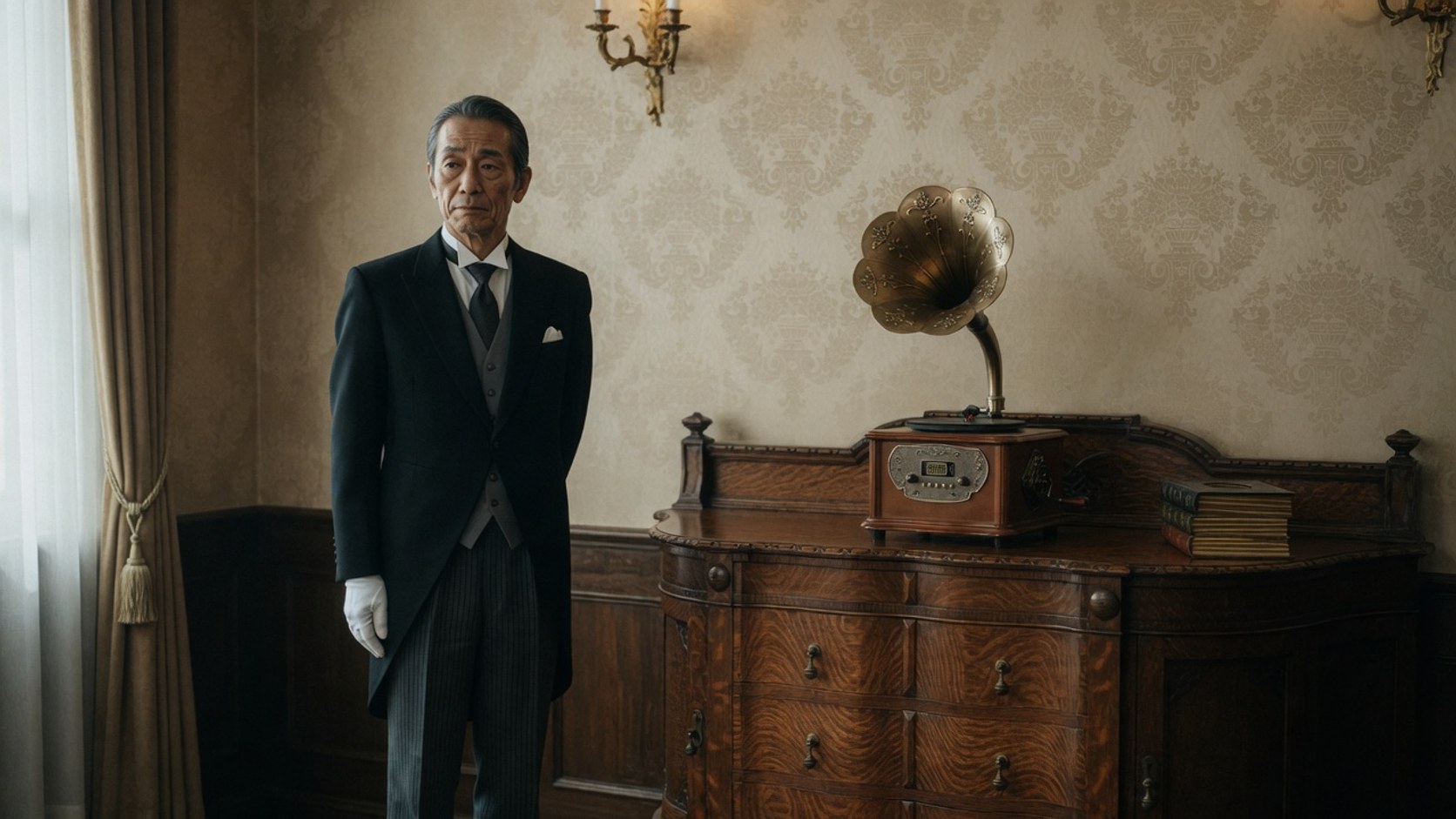 蓄音機のある部屋で、姿勢を正して立つ執事