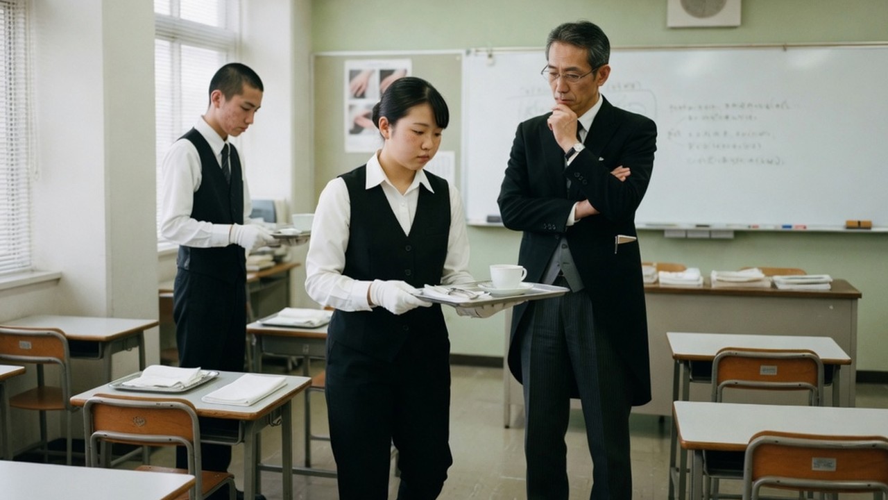 教室で盆を手に立つ受講者と、脇から見る講師