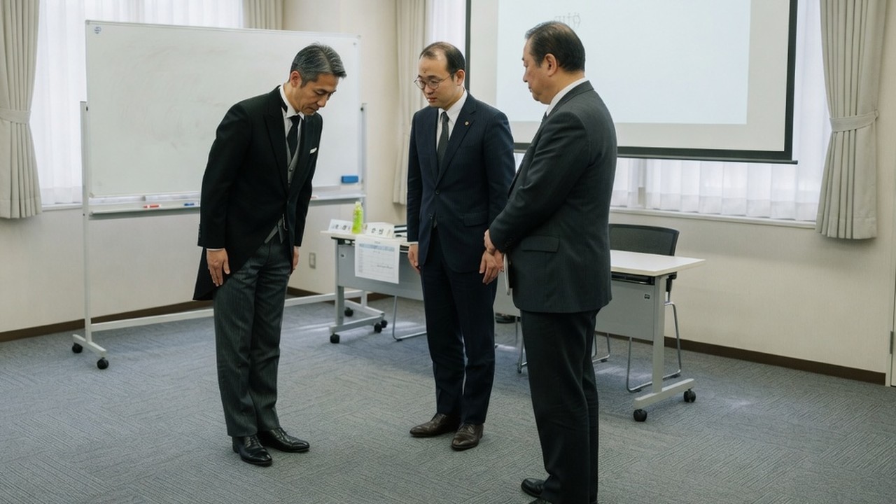 前かがみに礼をする三人を、正面から見る講師