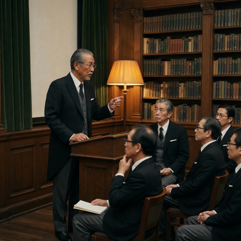 書斎で腰掛けた面々に語りかける執事